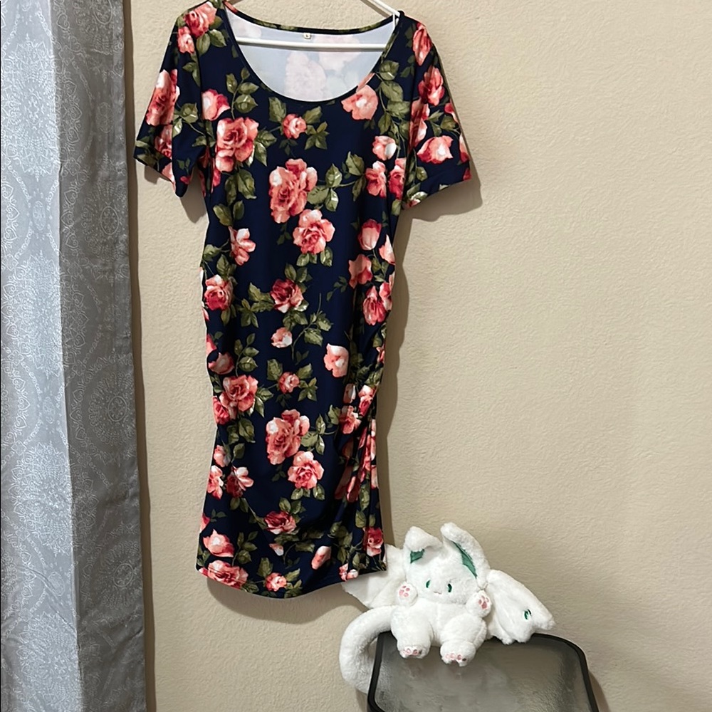 Floral Print Dress - Navy and Pink